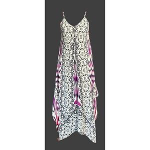 Charlie Jade Silk Maxi Dress Magenta Blk White Ikat Handkerchief Hem C2741-2569